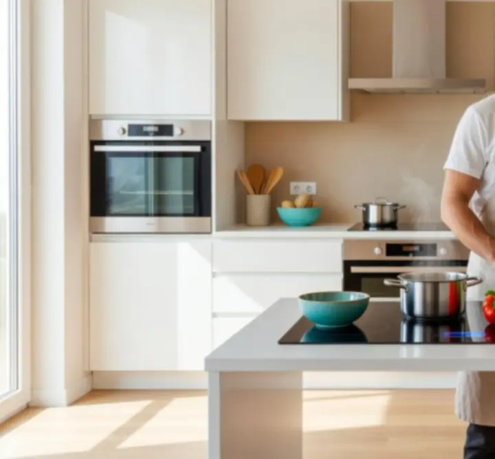 Stílusos konyhai enteriőr konyhai gépekkel és főzési jelenettel