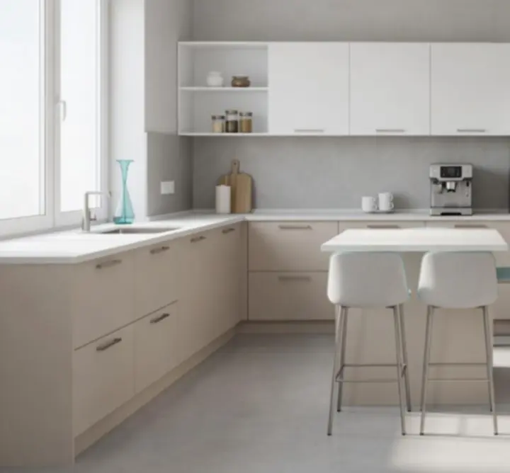 Modern, világos konyha beépített konyhai gépekkel