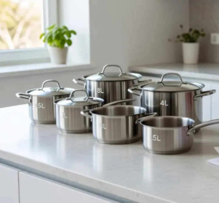 Különböző méretű főzőedények egy modern konyhában, használat közben