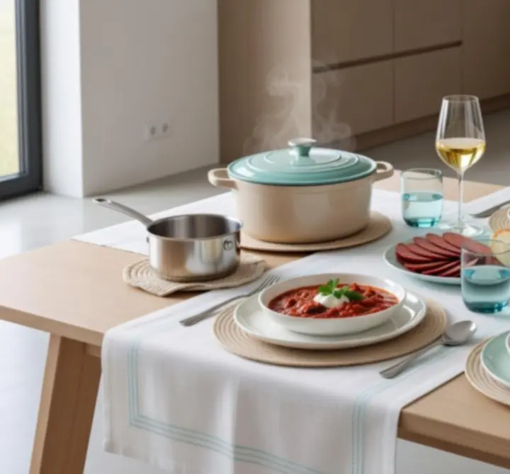 Stílusosan megterített asztal GourmeetNexus edényekkel és tálalókkal