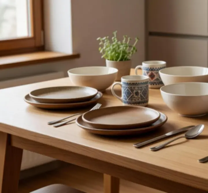 Kurált teríték kollekció porcelán tányérokkal, poharakkal és dísztárgyakkal egy világos asztalon.