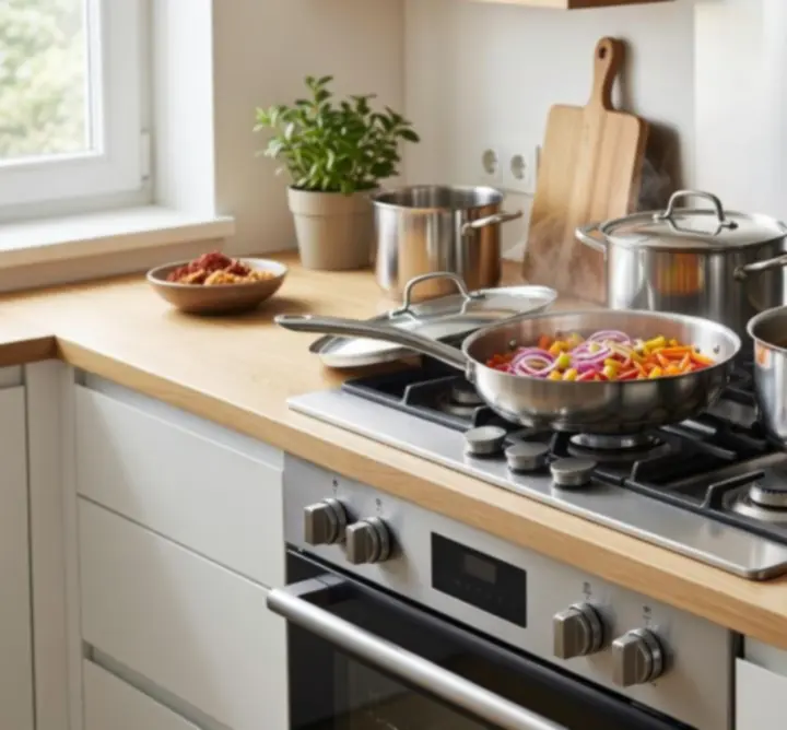 Komplett edény- és serpenyőkészlet használat közben egy harmonikus, modern konyhában