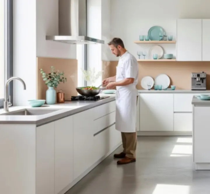 Modern, világos GourmeetNexus bemutatóterem elegáns konyhai enteriőrrel