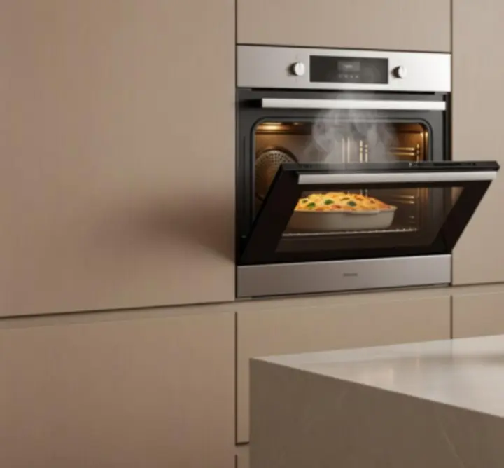Elegáns, bézs árnyalatú beépített gőzsütő modern konyhában