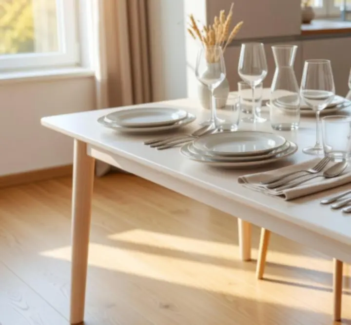 Modern, világos konyha gondosan összeválogatott tányérokkal, poharakkal és evőeszközökkel.